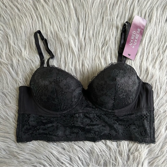 Adored By Adore Me Longline Bra Women’s Size 34B Black Floral Lace Lightly Lined - Picture 1 of 5